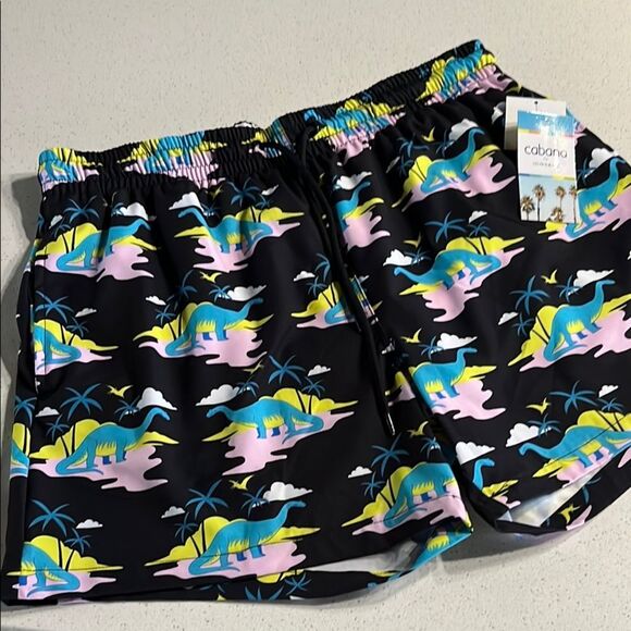 NWT Cabana by Crown & Ivy Black Shorts with Colorful Dinosaur Design Mens L - Picture 1 of 11